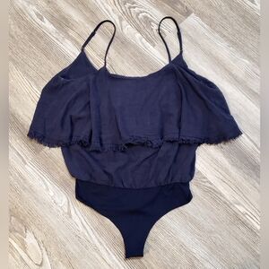 Promesa Flounce Ruffle Raw Hem Bodysuit Sleeveless Navy Linen Blend Womens M